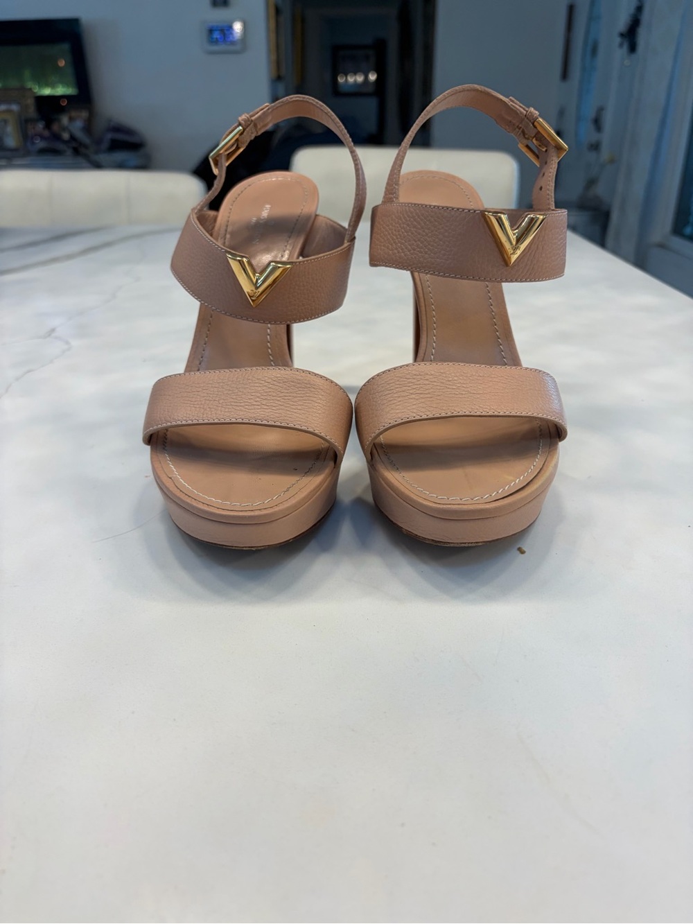 Louis Vuitton Nude Tan Leather Platform Sandal Heels with Gold V Logo